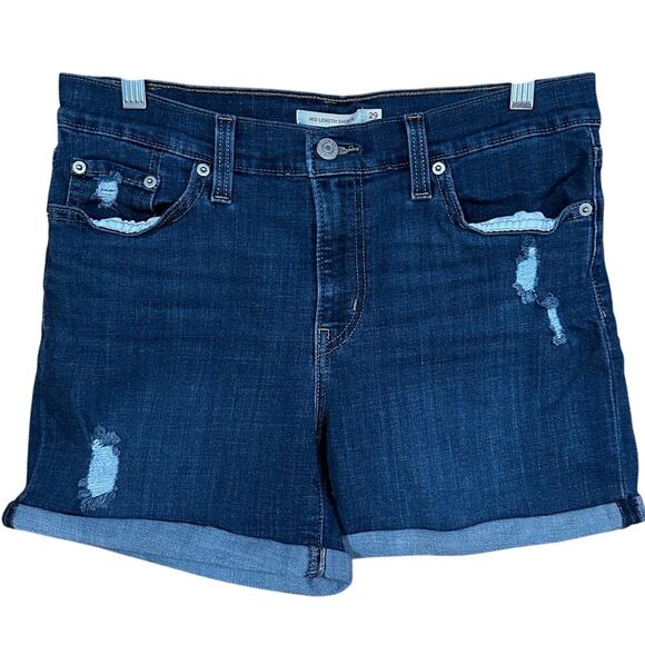 CLEARANCE Levi's Women's Mid-Length Rolled-Hem Distressed Denim Shorts Sz 29 - Picture 1 of 13